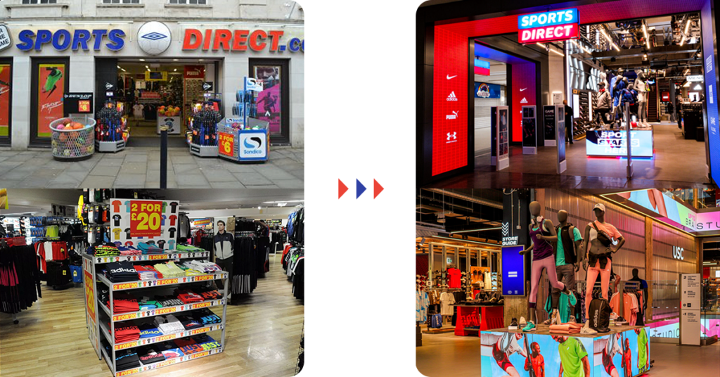 A comparison of two Sports Direct stores. On the left, an older store design with basic shelving, and traditional signage. On the right, a modern store with digital signage, and a contemporary layout.