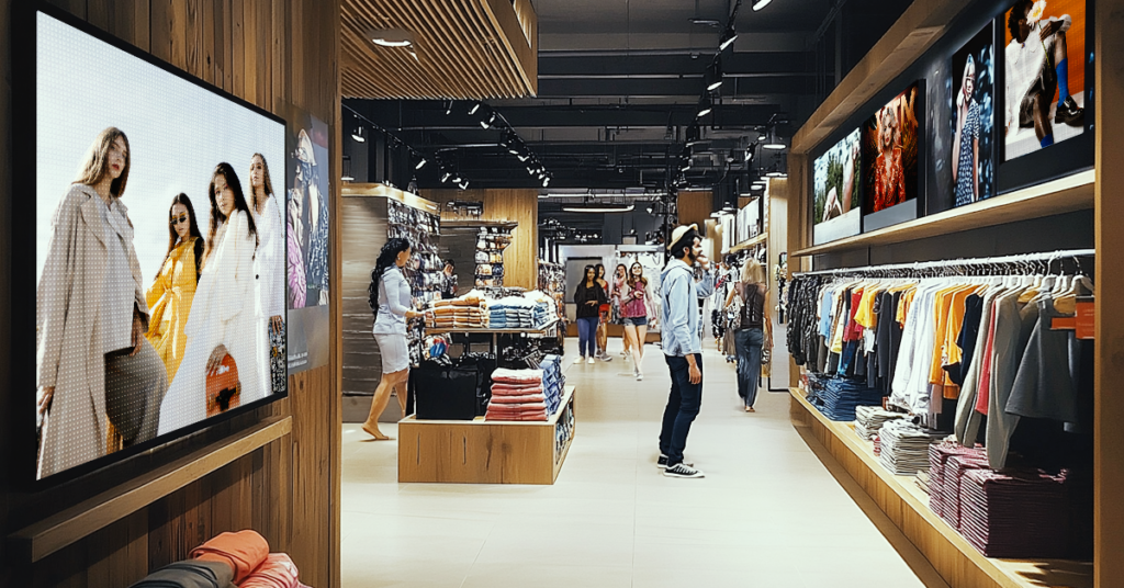 A modern retail clothing store with digital screens on the walls showcasing advertisements and fashion models.