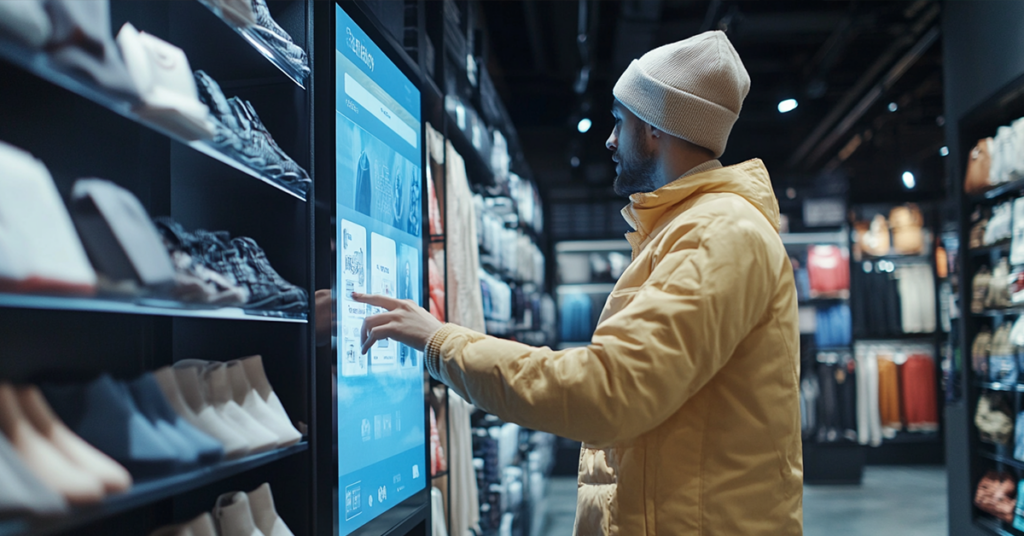 A man in a yellow jacket and beige beanie interacts with a large digital touchscreen display in a retail clothing and shoe store.