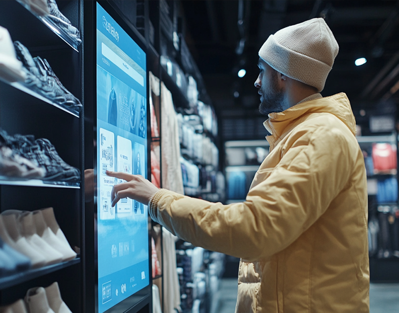 A man in a yellow jacket and beige beanie interacts with a large digital touchscreen display in a retail clothing and shoe store.